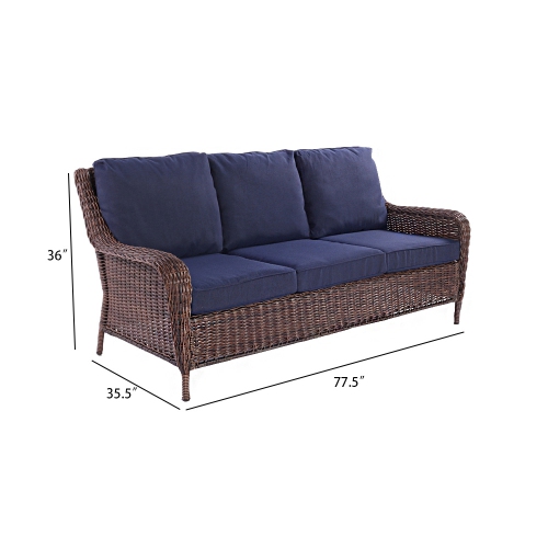 Krikacy 3-Seater Rattan Sofa, All-Weather Handwoven Furniture for Porch/Deck, Blue