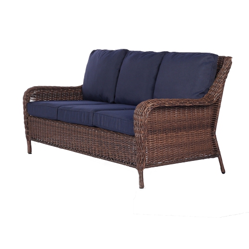 Krikacy 3-Seater Rattan Sofa, All-Weather Handwoven Furniture for Porch/Deck, Blue
