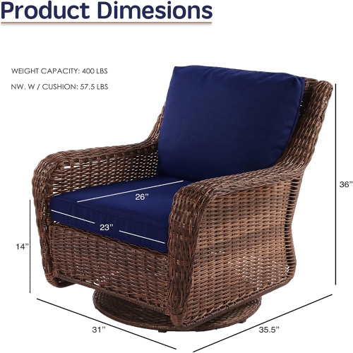 Chaise berçante en rotin Krikacy, pivotante, meubles tressés à la main résistants aux intempéries pour véranda/terrasse, bleu