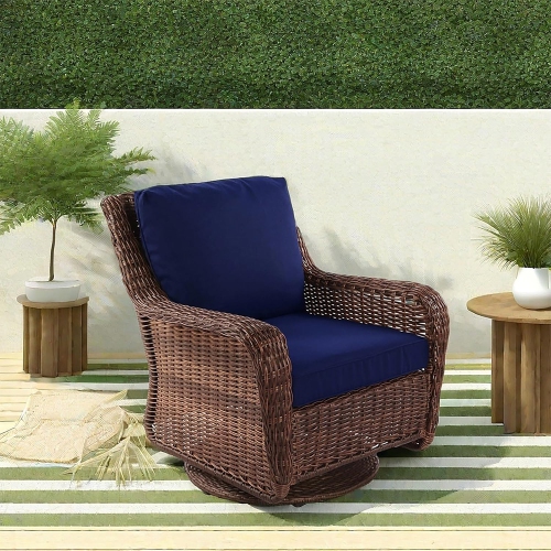 Chaise berçante en rotin Krikacy, pivotante, meubles tressés à la main résistants aux intempéries pour véranda/terrasse, bleu