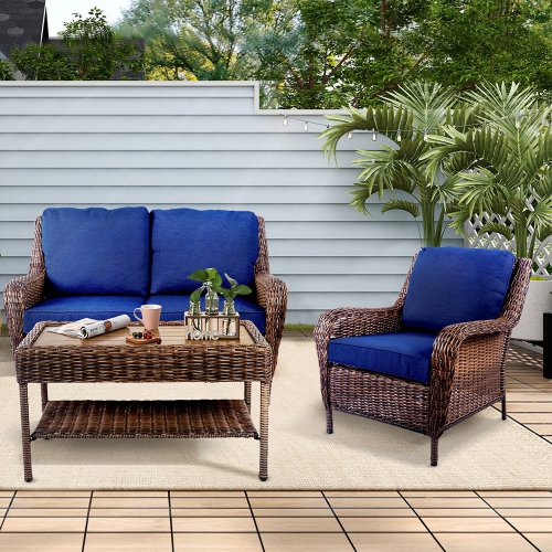 Krikacy Cambridge Outdoor Rattan Chair with Blue Cushions, Handwoven, All-Weather for Porch/Deck