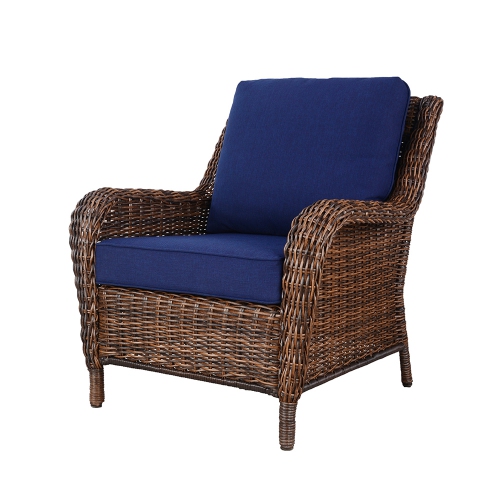 Krikacy Cambridge Outdoor Rattan Chair with Blue Cushions, Handwoven, All-Weather for Porch/Deck