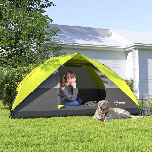 Outsunny 3-4 Person Camping Tent, Easy Set Up Dome Family Tent, 3000 mm Waterproof w/ Mesh Window, Hook, Storage Pockets, Electrical Cable Access for