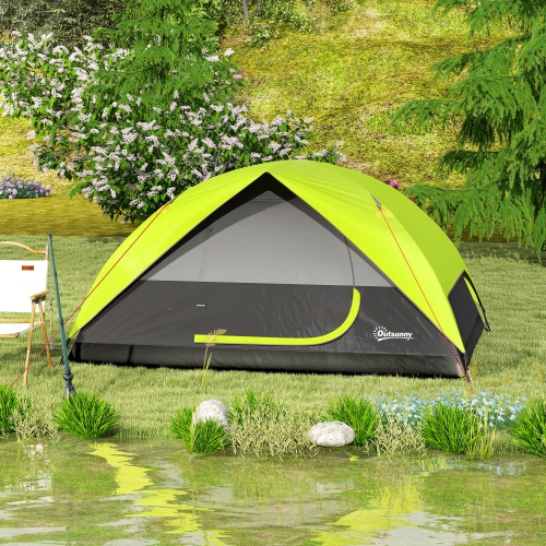 Outsunny 3-4 Person Camping Tent, Easy Set Up Dome Family Tent, 3000 mm Waterproof w/ Mesh Window, Hook, Storage Pockets, Electrical Cable Access for