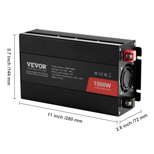 VEVOR 1500W Modified Sine Wave Inverter, DC 12V to AC 120V Power Inverter with 2 AC Outlets 2 USB Port 1 Type-C Port 6 Spare Fuses, for Small Home