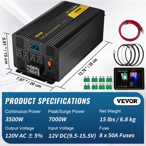 VEVOR 3500 Watt Pure Sine Wave Inverter Power Inverter, DC 12V to AC 120V Car Inverter, with USB Port LCD Display Remote Controller and AC Outlets,