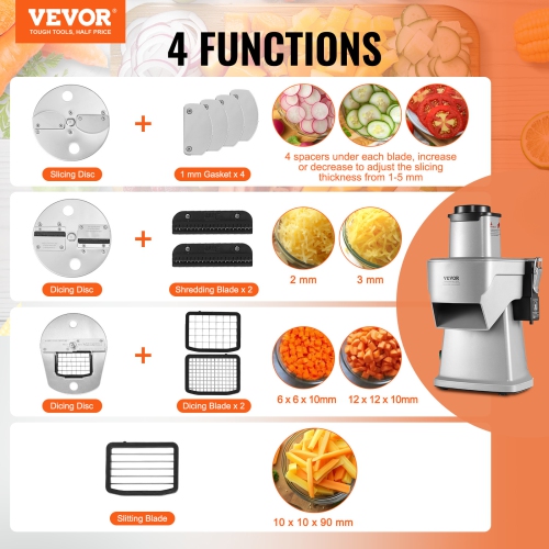 VEVOR Electric Vegetable Slicer, 4 in 1 Multifunctional Food Cutter, 200W Vegetable Chopper for Slicing Shredding Dicing and Slitting, with