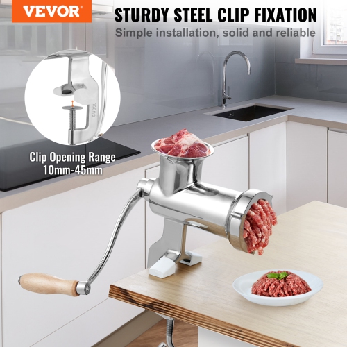 VEVOR Manual Meat Grinder, 304 Stainless Steel Hand Meat Grinder with Steel Table Clamp, Meat Sausage Maker with 1 Cutting Blade, 2 Cutting Plates,