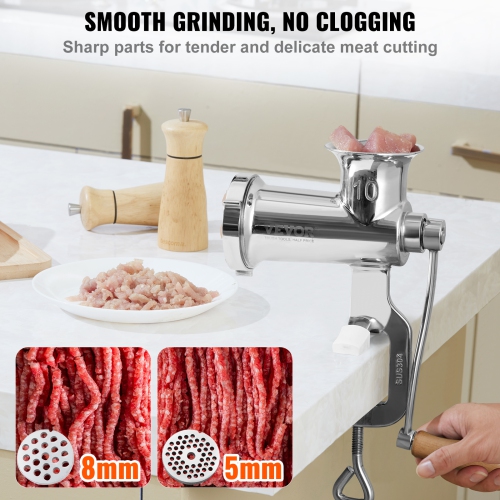 VEVOR Manual Meat Grinder, 304 Stainless Steel Hand Meat Grinder with Steel Table Clamp, Meat Sausage Maker with 1 Cutting Blade, 2 Cutting Plates,