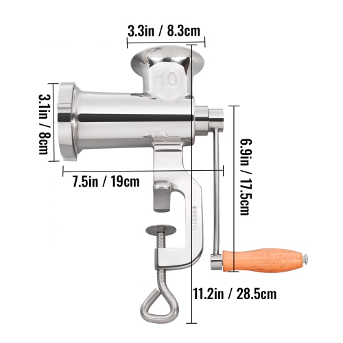 VEVOR Manual Meat Grinder, 304 Stainless Steel Hand Meat Grinder with Steel Table Clamp, Meat Sausage Maker with 1 Cutting Blade, 2 Cutting Plates,