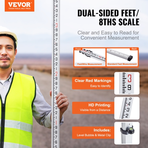 VEVOR 16-Feet/8ths Aluminum Grade Rod, 4 Sections Telescopic Measuring Rod,Double-Sided Scale 1/8in Leveling Rod Stick,Aluminum Alloy Survey Rod with