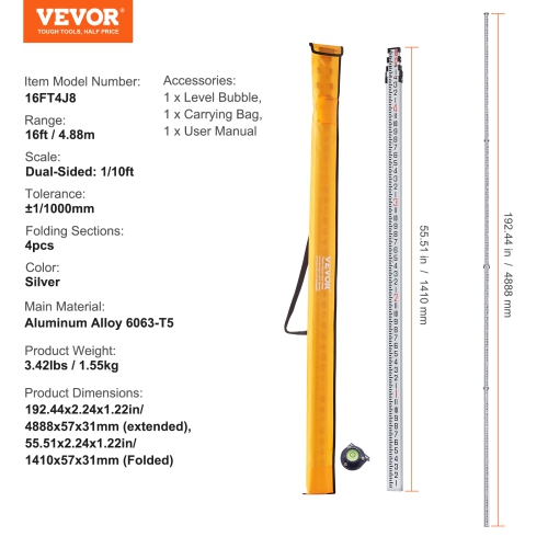 VEVOR 16-Feet/8ths Aluminum Grade Rod, 4 Sections Telescopic Measuring Rod,Double-Sided Scale 1/8in Leveling Rod Stick,Aluminum Alloy Survey Rod with