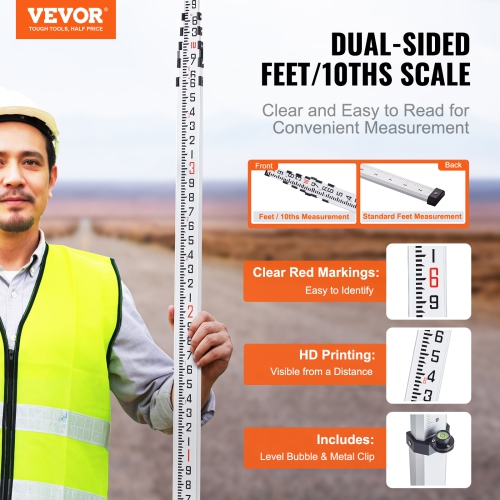 VEVOR 20-Feet/10ths Aluminum Grade Rod, 6 Sections Telescopic Measuring Rod,Double-Sided Scale 1/10ft Leveling Rod Stick, Aluminum Alloy Survey Rod
