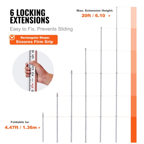 VEVOR 20-Feet/10ths Aluminum Grade Rod, 6 Sections Telescopic Measuring Rod,Double-Sided Scale 1/10ft Leveling Rod Stick, Aluminum Alloy Survey Rod