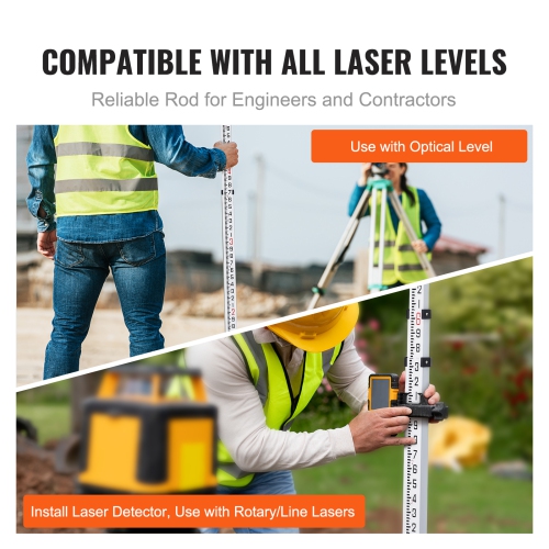 VEVOR 20-Feet/10ths Aluminum Grade Rod, 6 Sections Telescopic Measuring Rod,Double-Sided Scale 1/10ft Leveling Rod Stick, Aluminum Alloy Survey Rod