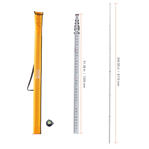 VEVOR 20-Feet/10ths Aluminum Grade Rod, 6 Sections Telescopic Measuring Rod,Double-Sided Scale 1/10ft Leveling Rod Stick, Aluminum Alloy Survey Rod