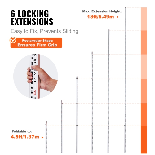 VEVOR 18-Feet/10ths Aluminum Grade Rod, 6 Sections Telescopic Measuring Rod,Double-Sided Scale 1/10ft Leveling Rod Stick,Aluminum Alloy Survey Rod w/