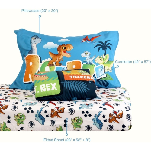 Jurassic World 3-Piece Ultra-Soft & Cozy Toddler Bedding Sheet Set for Kids - Comforter, Fitted Sheet & Pillowcase