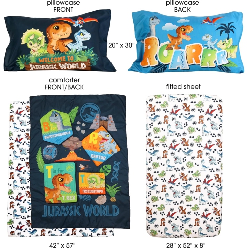Jurassic World 3-Piece Ultra-Soft & Cozy Toddler Bedding Sheet Set for Kids - Comforter, Fitted Sheet & Pillowcase
