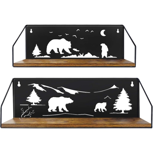 Image 1 of 4.. Giftgarden Floating Shelves with Bear Cutouts – Rustic Wooden Iron Wall Shelf Set of 2, Black Bear Decor for Bathroom, Cabin, Lodge, Bedroom,