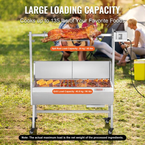 VEVOR 35 Inch Rotisserie Grill with Windscreen, BBQ Whole Pig Lamb Goat Charcoal Spit Grill, 90 Lbs Capacity, Electric 42W Motor Stainless Steel