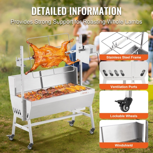 VEVOR 35 Inch Rotisserie Grill with Windscreen, BBQ Whole Pig Lamb Goat Charcoal Spit Grill, 90 Lbs Capacity, Electric 42W Motor Stainless Steel