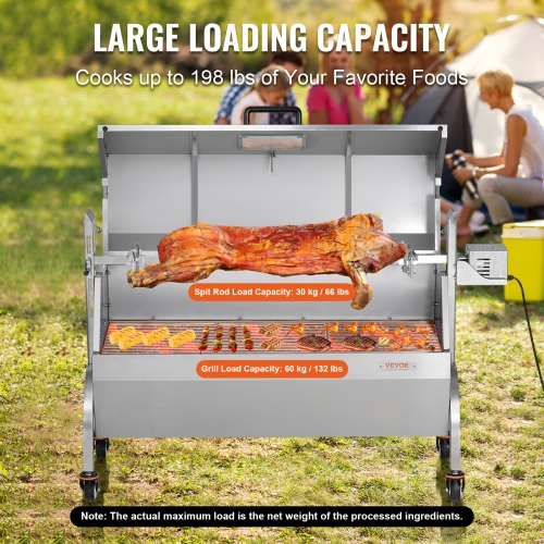 VEVOR 46 Inch Rotisserie Grill with Hooded Cover, BBQ Whole Pig Lamb Goat Charcoal Spit Grill, 132Lbs Capacity, Electric 52W Motor Stainless Steel