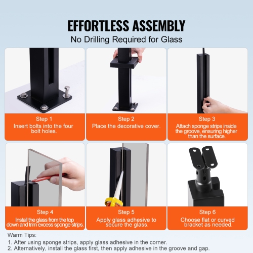 VEVOR 35.83" Height Glass Clamp, Glass Railing Bracket for 0.39 "-0.47 " Thickness Tempered Glass, 304 Stainless Steel Glass Mounting Clamp, Glass