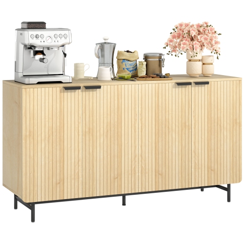 HOMCOM  Fluted Sideboard Buffet Cabinet \w Storage, 55" Modern Kitchen Storage Cabinet \w 4 Doors, 2 Adjustable Shelves And 5 Metal Legs, Nature Wood