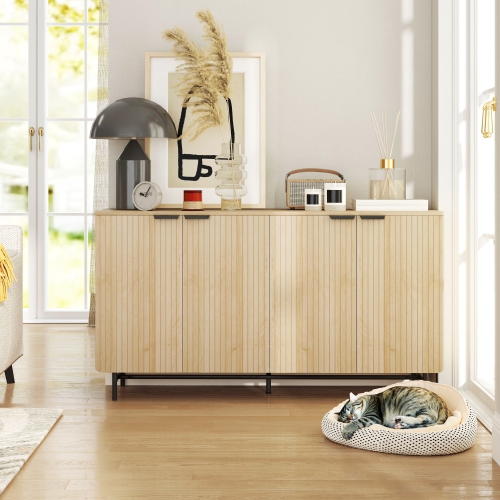 HOMCOM Fluted Sideboard Buffet Cabinet with Storage, 55" Modern Kitchen Storage Cabinet with 4 Doors, 2 Adjustable Shelves and 5 Metal Legs, Nature