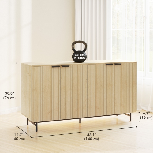 HOMCOM Fluted Sideboard Buffet Cabinet with Storage, 55" Modern Kitchen Storage Cabinet with 4 Doors, 2 Adjustable Shelves and 5 Metal Legs, Nature