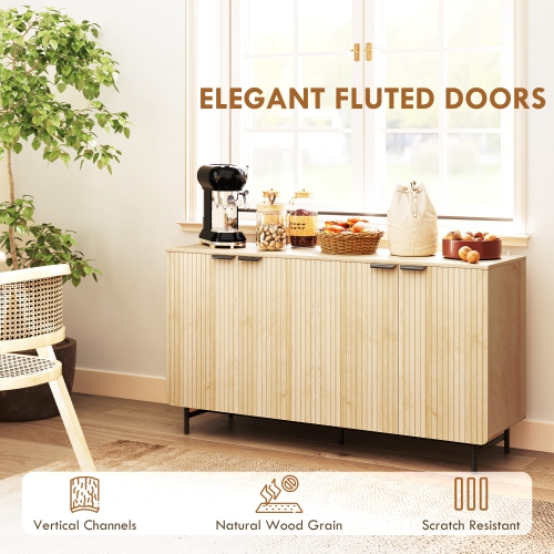 HOMCOM Fluted Sideboard Buffet Cabinet with Storage, 55" Modern Kitchen Storage Cabinet with 4 Doors, 2 Adjustable Shelves and 5 Metal Legs, Nature