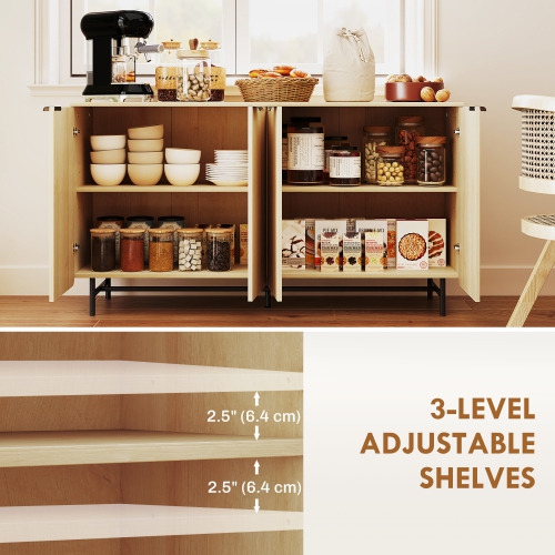 HOMCOM Fluted Sideboard Buffet Cabinet with Storage, 55" Modern Kitchen Storage Cabinet with 4 Doors, 2 Adjustable Shelves and 5 Metal Legs, Nature