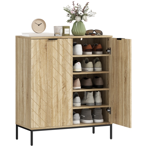 HOMCOM 5-Tier Shoe Cabinet for 15 Pairs, Freestanding Chevron Shoe Storage Cabinet with 2 Doors, Adjustable Shelves and Metal Legs for Entryway,