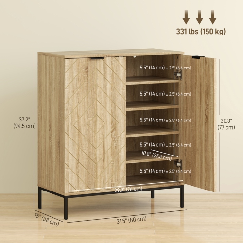 HOMCOM 5-Tier Shoe Cabinet for 15 Pairs, Freestanding Chevron Shoe Storage Cabinet with 2 Doors, Adjustable Shelves and Metal Legs for Entryway,