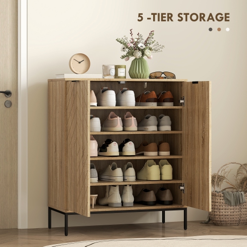 HOMCOM 5-Tier Shoe Cabinet for 15 Pairs, Freestanding Chevron Shoe Storage Cabinet with 2 Doors, Adjustable Shelves and Metal Legs for Entryway,
