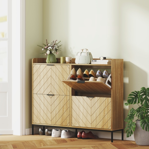 HOMCOM Narrow Shoe Cabinet with 4 Flip Drawers and Adjustable Shelves, Slim Shoe Rack Cabinet for Entryway, Hallway, Holds 16 Pairs, Oak