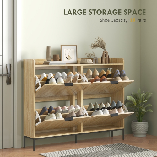 HOMCOM Narrow Shoe Cabinet with 4 Flip Drawers and Adjustable Shelves, Slim Shoe Rack Cabinet for Entryway, Hallway, Holds 16 Pairs, Oak