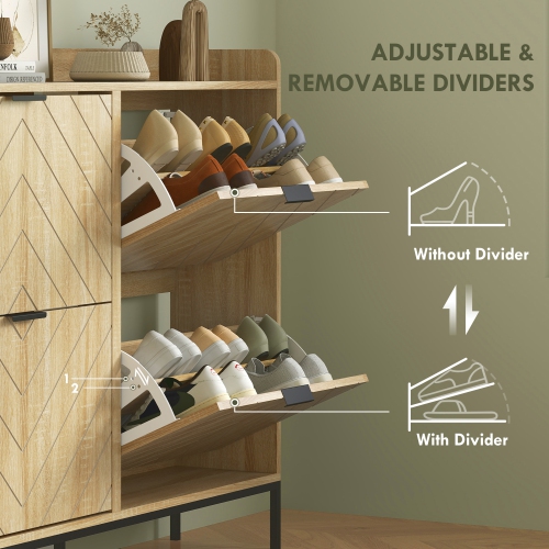 HOMCOM Narrow Shoe Cabinet with 4 Flip Drawers and Adjustable Shelves, Slim Shoe Rack Cabinet for Entryway, Hallway, Holds 16 Pairs, Oak