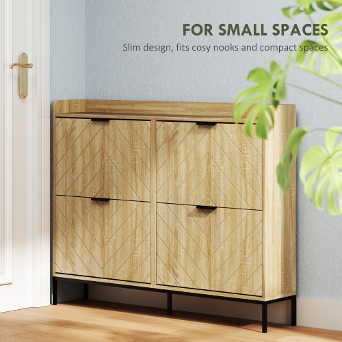 HOMCOM Narrow Shoe Cabinet with 4 Flip Drawers and Adjustable Shelves, Slim Shoe Rack Cabinet for Entryway, Hallway, Holds 16 Pairs, Oak