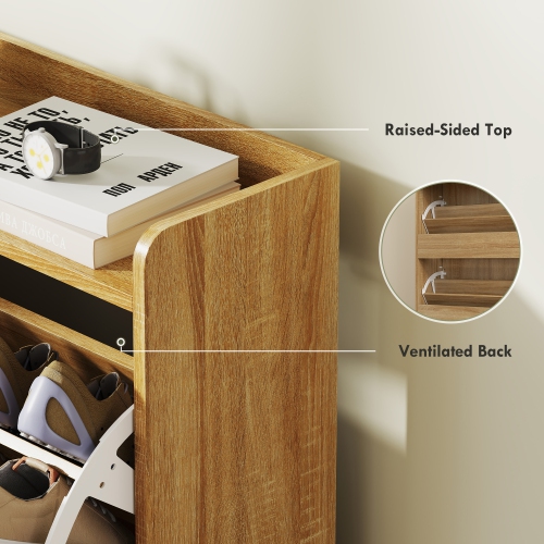 HOMCOM Narrow Shoe Cabinet with 4 Flip Drawers and Adjustable Shelves, Slim Shoe Rack Cabinet for Entryway, Hallway, Holds 16 Pairs, Oak