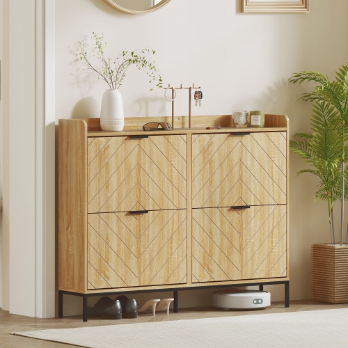 HOMCOM Narrow Shoe Cabinet with 4 Flip Drawers and Adjustable Shelves, Slim Shoe Rack Cabinet for Entryway, Hallway, Holds 16 Pairs, Oak