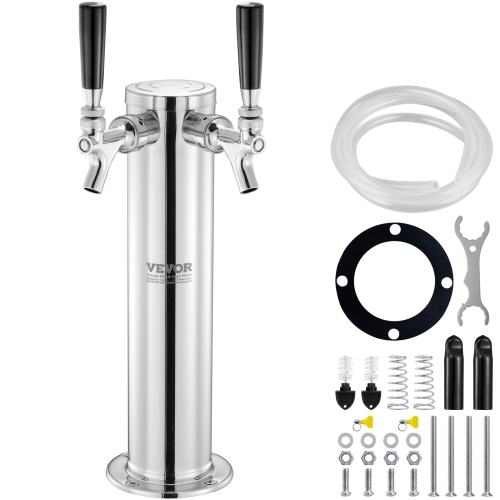 VEVOR Dual Taps Draft Beer Tower Dispenser, Stainless Steel Keg Beer Tower, Kegerator Tower Kit with Pre-Assembled Tubing and Self-Closing Faucet