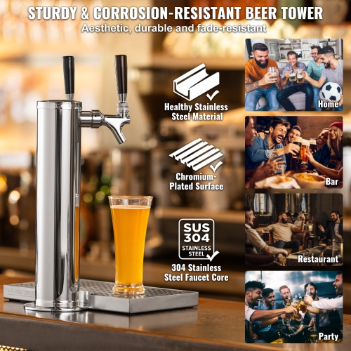 VEVOR Dual Taps Draft Beer Tower Dispenser, Stainless Steel Keg Beer Tower, Kegerator Tower Kit with Pre-Assembled Tubing and Self-Closing Faucet