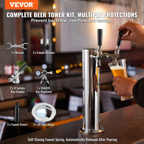 VEVOR CGA320 Regulator Kegerator Tower Kit, Dual Taps Beer Conversion Kit, Stainless Steel Keg Beer Tower Dispenser with D-System Keg Coupler,