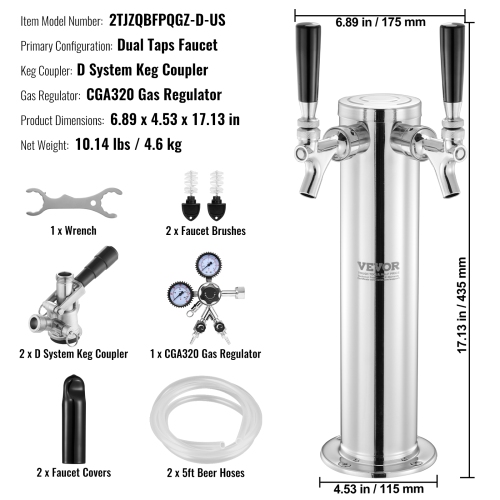 VEVOR CGA320 Regulator Kegerator Tower Kit, Dual Taps Beer Conversion Kit, Stainless Steel Keg Beer Tower Dispenser with D-System Keg Coupler,