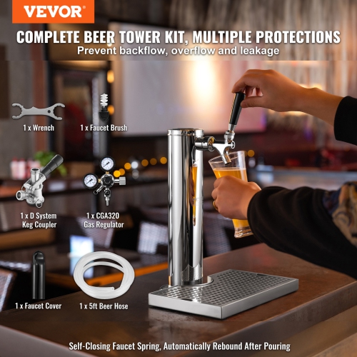 VEVOR CGA320 Regulator Kegerator Tower Kit, Single Tap Beer Conversion Kit, Stainless Steel Keg Beer Tower Dispenser with D-System Keg Coupler, Beer