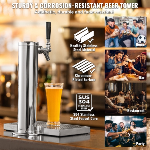 VEVOR CGA320 Regulator Kegerator Tower Kit, Single Tap Beer Conversion Kit, Stainless Steel Keg Beer Tower Dispenser with D-System Keg Coupler, Beer