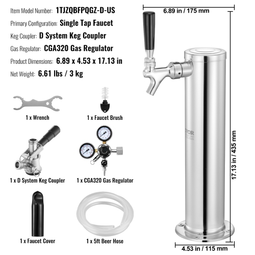 VEVOR CGA320 Regulator Kegerator Tower Kit, Single Tap Beer Conversion Kit, Stainless Steel Keg Beer Tower Dispenser with D-System Keg Coupler,