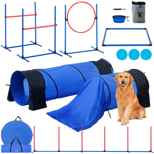 VEVOR Dog Agility Training Equipment, 7 PCS Set w/ Adjustable High Hurdles,6 Weave Poles,2 Tunnels,Jump Ring,Pause Box,Whistle,Foldable Bowl,Puppy